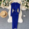 Stand Collar Long Sleeve Street Wear Bodycon Sweater Dresses - Image 2
