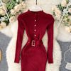 Stand Collar Long Sleeve Street Wear Bodycon Sweater Dresses - Image 15