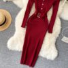 Stand Collar Long Sleeve Street Wear Bodycon Sweater Dresses - Image 17