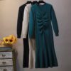 V Neck Long Sleeve Jumper Elegant Ruffles Sweater Dress - Image 2