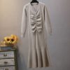 V Neck Long Sleeve Jumper Elegant Ruffles Sweater Dress - Image 4