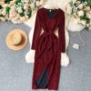 V Neck Long Sleeve Lace up Sexy Split Street Wear Dress