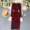 V Neck Long Sleeve Lace up Sexy Split Street Wear Dress - Image 2