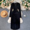 V Neck Long Sleeve Slim Design Street Wear Midi Dresses - Image 4