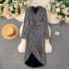 V Neck Long Sleeve Slim Design Street Wear Midi Dresses - Image 7