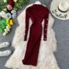 Vintage Button Slim Bodycon Knit Sweater Midi Pencil Dress Party