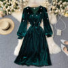A-line Fashion Street Wear Retro V Neck Puff Sleeve Dress