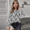 Allover Print Keyhole Back Lantern Sleeve Top - Image 10