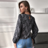 Allover Print Keyhole Back Lantern Sleeve Top - Image 7