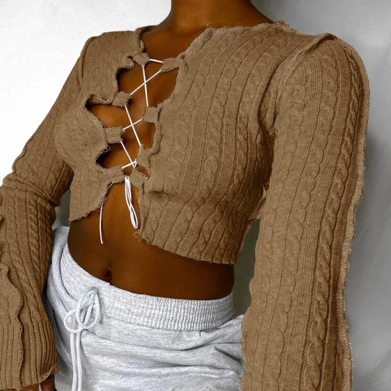 Casual Tie Up Solid Color Long Sleeve Crop Top - Image 2