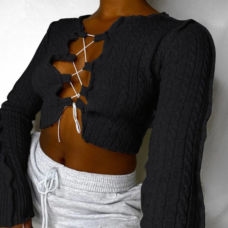 Casual Tie Up Solid Color Long Sleeve Crop Top