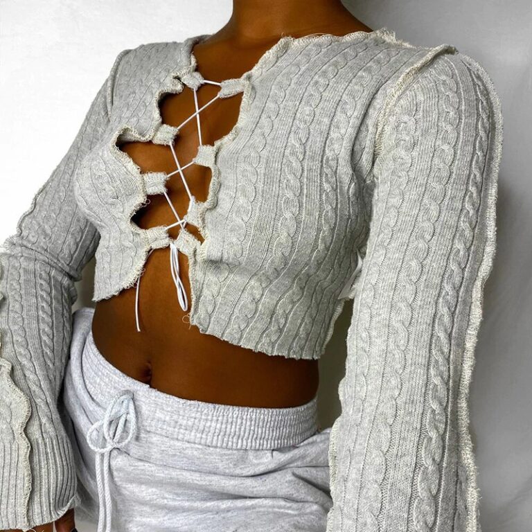 Casual Tie Up Solid Color Long Sleeve Crop Top - Image 3