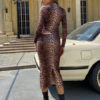 Long Sleeves Leopard Print High Collar Polyester Floor Length Maxi Dresses - Image 5