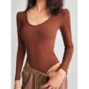 Sexy U Neck Solid Color Long Sleeve Bodysuit Top - Image 6