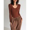 Sexy U Neck Solid Color Long Sleeve Bodysuit Top - Image 7