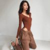 Sexy U Neck Solid Color Long Sleeve Bodysuit Top - Image 8