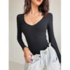 Sexy U Neck Solid Color Long Sleeve Bodysuit Top - Image 9