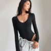 Sexy U Neck Solid Color Long Sleeve Bodysuit Top - Image 10