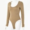 Sexy U Neck Solid Color Long Sleeve Bodysuit Top - Image 17