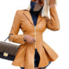 V Neck Long Sleeve Zipper Warmth Preservation Leather Jacket