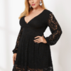Lace Patchwork Deep V-neck Puff Sleeve Plus Size Dress - Image 2