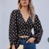Polka Dots V Neck Long Sleeve Blouse