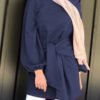 Puff Sleeve Solid Round Neck Bandage Casual Belted Blouses - Image 2