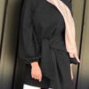 Puff Sleeve Solid Round Neck Bandage Casual Belted Blouses - Image 3