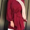 Puff Sleeve Solid Round Neck Bandage Casual Belted Blouses