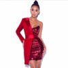 Sexy One Shoulder Long Sleeve Mini Body con Sequins Dress - Image 2