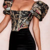 Shirt Printed Zipper Bateau Neck Retro Short Puff Sleeves Polyester Tops