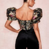Shirt Printed Zipper Bateau Neck Retro Short Puff Sleeves Polyester Tops - Image 2
