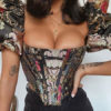 Shirt Printed Zipper Bateau Neck Retro Short Puff Sleeves Polyester Tops - Image 4