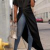Short Sleeve Crew Neck Long Shirts Asymmetric Hem Casual Blouse - Image 10