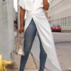 Short Sleeve Crew Neck Long Shirts Asymmetric Hem Casual Blouse