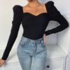Square Neck Pure Color Puff Sleeve Blouse