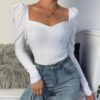 Square Neck Pure Color Puff Sleeve Blouse - Image 4
