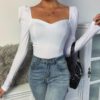 Square Neck Pure Color Puff Sleeve Blouse - Image 3