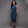 Casual Sleeveless Front Zipper Split Denim Midi Dress - Image 2