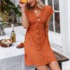 Casual V-neck solid button Fashion Vestidos short sleeve dress