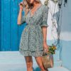 Casual printed V-neck short sleeve lace short dress - Image 2