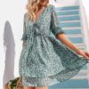 Casual printed V-neck short sleeve lace short dress