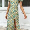 Floral print slit Slim lantern sleeve A-line midi dress