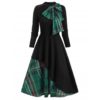 Plaid Contrast Bowknot Long Sleeves Overlay Dress - Image 5
