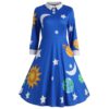 Vintage A-line Dress Peter Pan Collar Long Sleeve Planet Print for Party