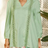Bohemian Solid Color Lace Patch Pleated Long Sleeve V-neck Casual Blouse - Image 5