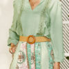 Bohemian Solid Color Lace Patch Pleated Long Sleeve V-neck Casual Blouse