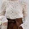 Chic Lace Hollow Out Long Sleeve O-neck Causal Blouse
