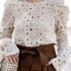 Chic Lace Hollow Out Long Sleeve O-neck Causal Blouse - Image 7