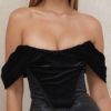 Blouse Bateau Neck Strapless Short Sleeve Velour Sexy Tops